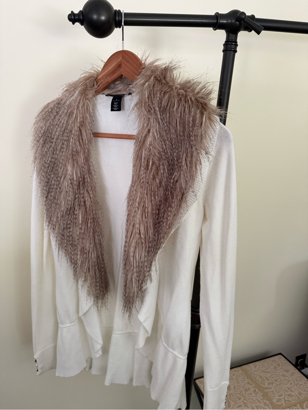 White House Black Market Cream Cardigan with Taupe Faux-Fur Shawl Collar